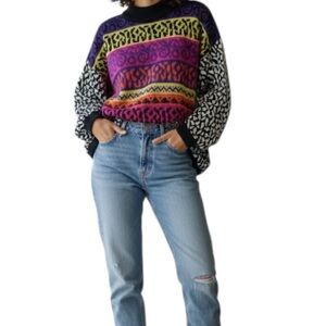 Jamie Scott Animal Print Colorful Crew Neck Retro 90s Acrylic Sweater Medium